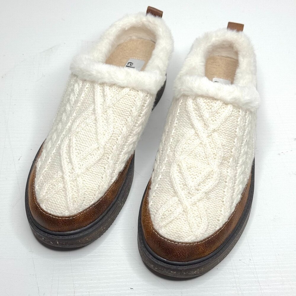 Earth Elements Acacia Cable Knit Suede Faux Fur Comfort Slip On Womens 9 White